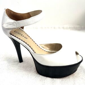 Bebe White and Black Peep-Toe Heels
